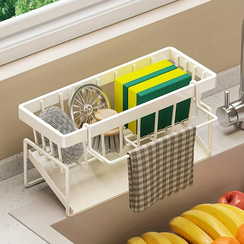 Kitchen Essential – High Quality Kitchen Sponge Rack Above Sink, Carbon Steel and Plastic Dishwasher Rack, Multifunctional Towel and Sponge Storage Rack, Space Saving Home Organizer -9.06x4.