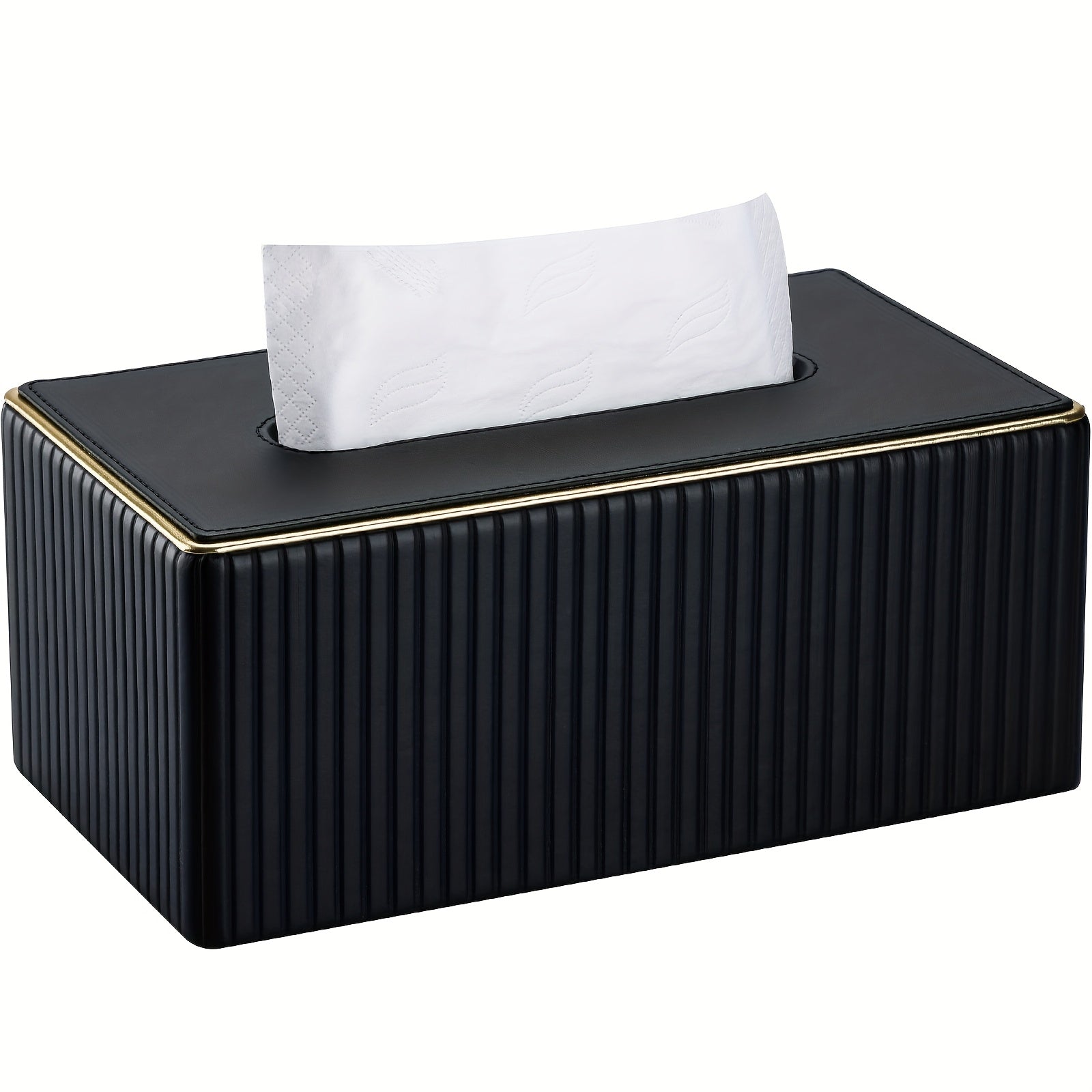 Home Living Essential – Cream White Vertical Striped Faux Leather Tissue Box With Golden Trim Desktop