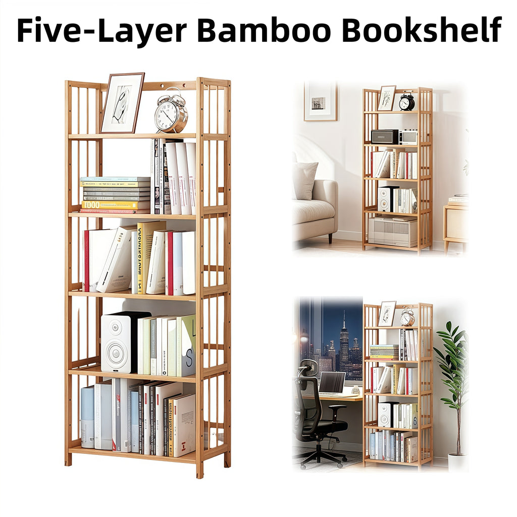 Home Storage Organizer – 5-Tier Multifunctional Bamboo Shelf, Space-Saving Bookshelf And Display Rack for Home Office, Storage Display Shelf, Nordic Minimalist Style, Quick And Easy Assembly