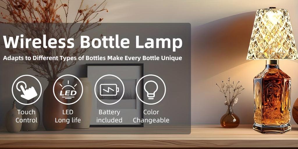 Ambient Home Decor – Crystal Clear Bottle Light, Table Lamp, Rechargeable LED Wine Lamp, Acrylic Lampshade, 2000Mah, 3 Colors, Bottle Lamp for Modern US Homes, relaxing room atmosphere, Vers