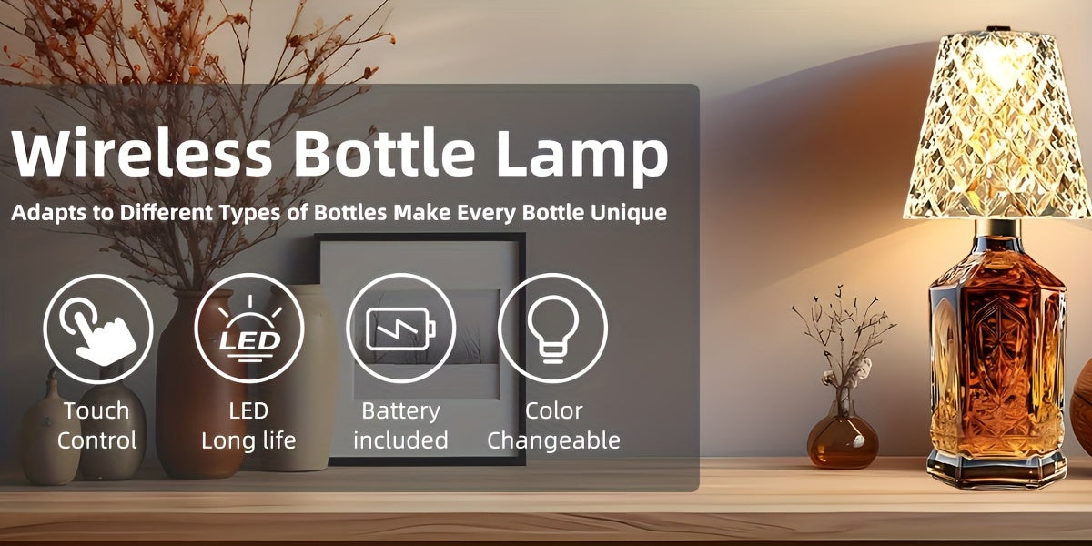 Ambient Home Decor – Crystal Clear Bottle Light, Table Lamp, Rechargeable LED Wine Lamp, Acrylic Lampshade, 2000Mah, 3 Colors, Bottle Lamp for Modern US Homes, relaxing room atmosphere, Vers