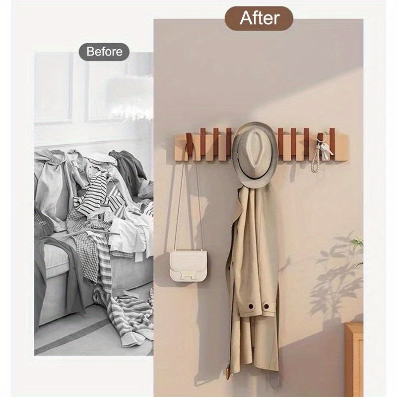 Versatile 1pc Adjustable Home Storage Rack – durable multi-purpose storage, 1pc Natural Wood Wall-Mounted Coat Rack with 10 Hooks - Piano-Shaped Accordion Design Walnut, designed for American homes, daily convenience and practical gifting