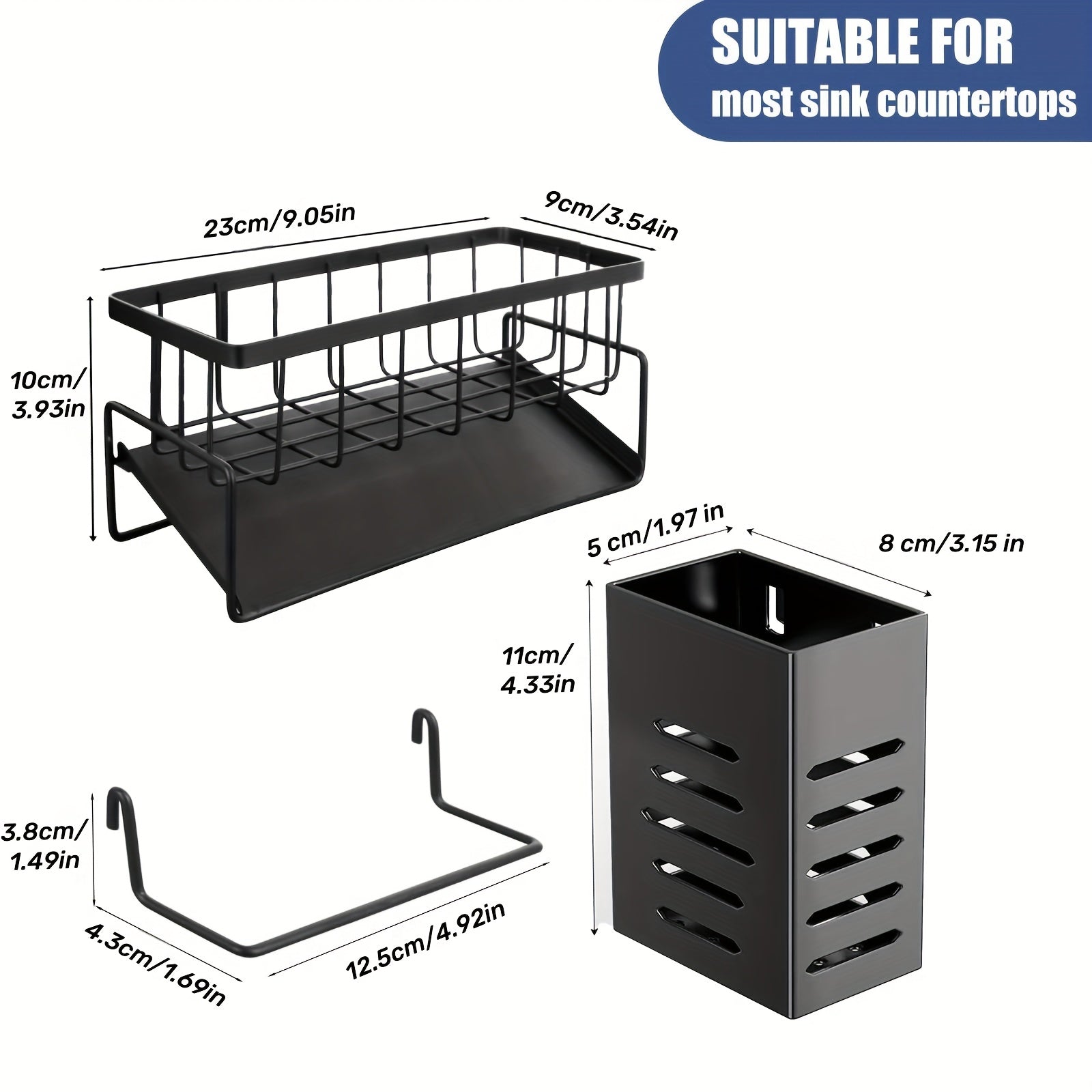 1pc Gray/Black Sink Caddy Sponge Holder for Kitchen Sink, Stainless Steel Rustproof, Bathroom Storage Basket, Kitchen Sink Caddy with Brush Holders, Chopstick Container, Kitchen Sink Organizer Dish Sponge Organizer with Dish Towel Rod