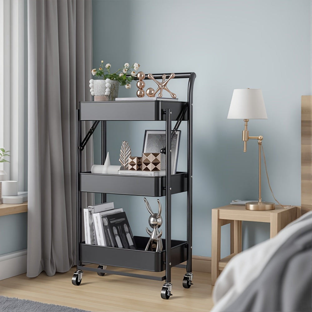 1pc Foldable 3-Tier Metal Rolling Cart, No Assembly Required, Space-Saving Foldable Storage Cart for Floor Use, Cabinet Shelf Organizer In Black, Ideal for Office, Study Room And More, Office Supplies Storage, Office Supplies And Accessories Father's