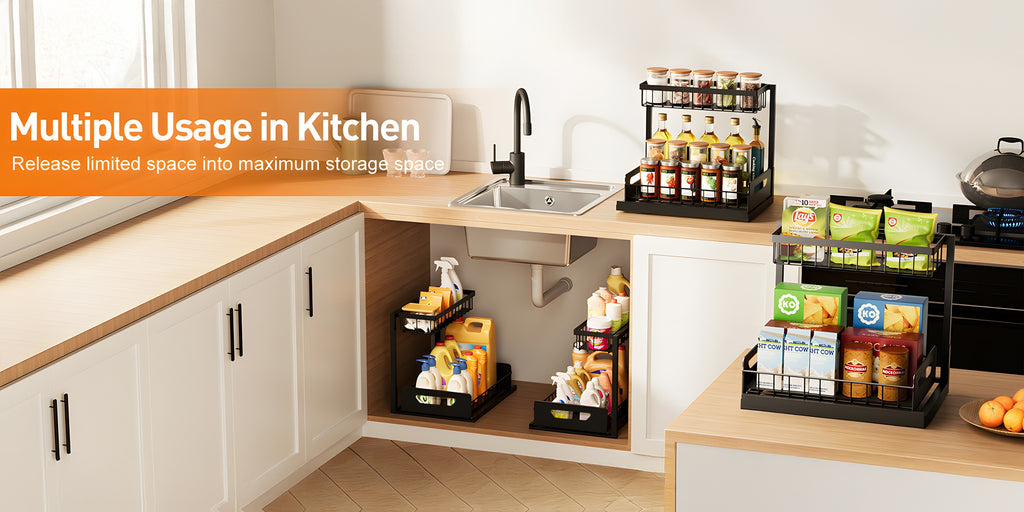 Kitchen Essential – 1/2pcs 2-story kitchen sink storage containers，push-pull cabinet organizer, kitchen and bathroom organizers and storage, study, tabletop, metal sliding drawers, practical