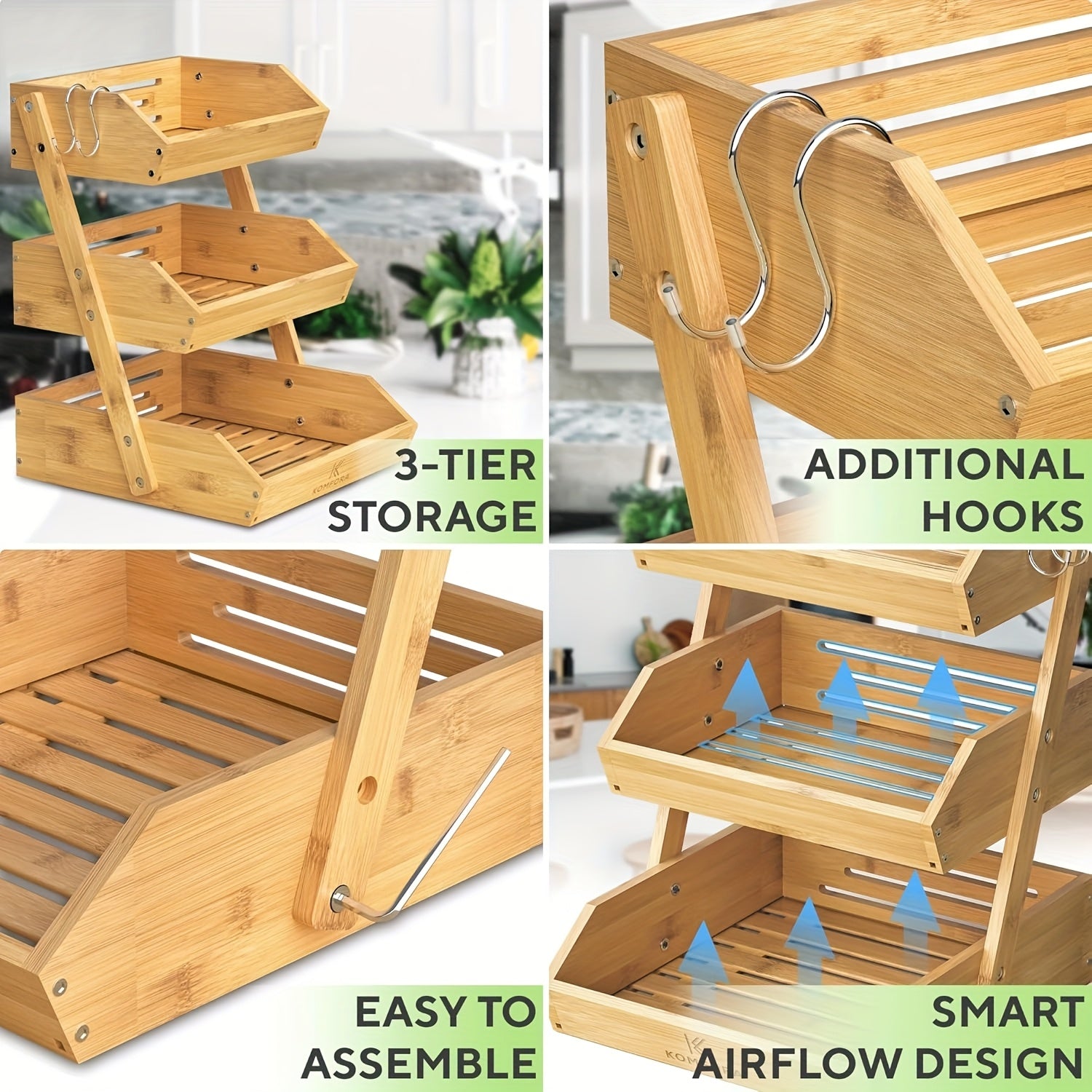 Stackable Bamboo Kitchen Organizer 2 Or 3 Tier Space-Saving Storage Rack for Fruits, Vegetables, Bread & Snacks Multi-Tier Bamboo Storage Basket Compact Stackable Display Tray for Kitchen, Pantry Holds Produce, Bakery & Snacks