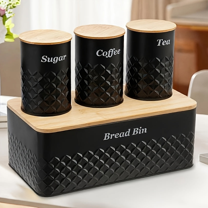 Black Bread Box With Tea Coffee Sugar Canisters