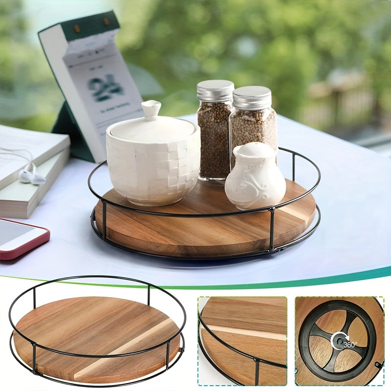 Heavy-Duty Adjustable Home Storage Rack – durable multi-purpose storage, Wooden Rotating Storage Rack with Steel Handrails Kitchen Spice Tray Susan Rotating Solid Wood, designed for American homes, daily convenience and practical gifting