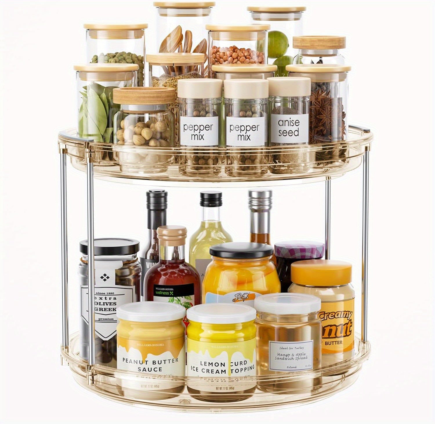 Kitchen Essential – A 2-Tier Rotating Multifunctional Countertop Turntable Designed for Storing Seasonings And Cosmetics, Featuring a 360-Degree Rotation And an Anti-Slip Base, Ideal for Use
