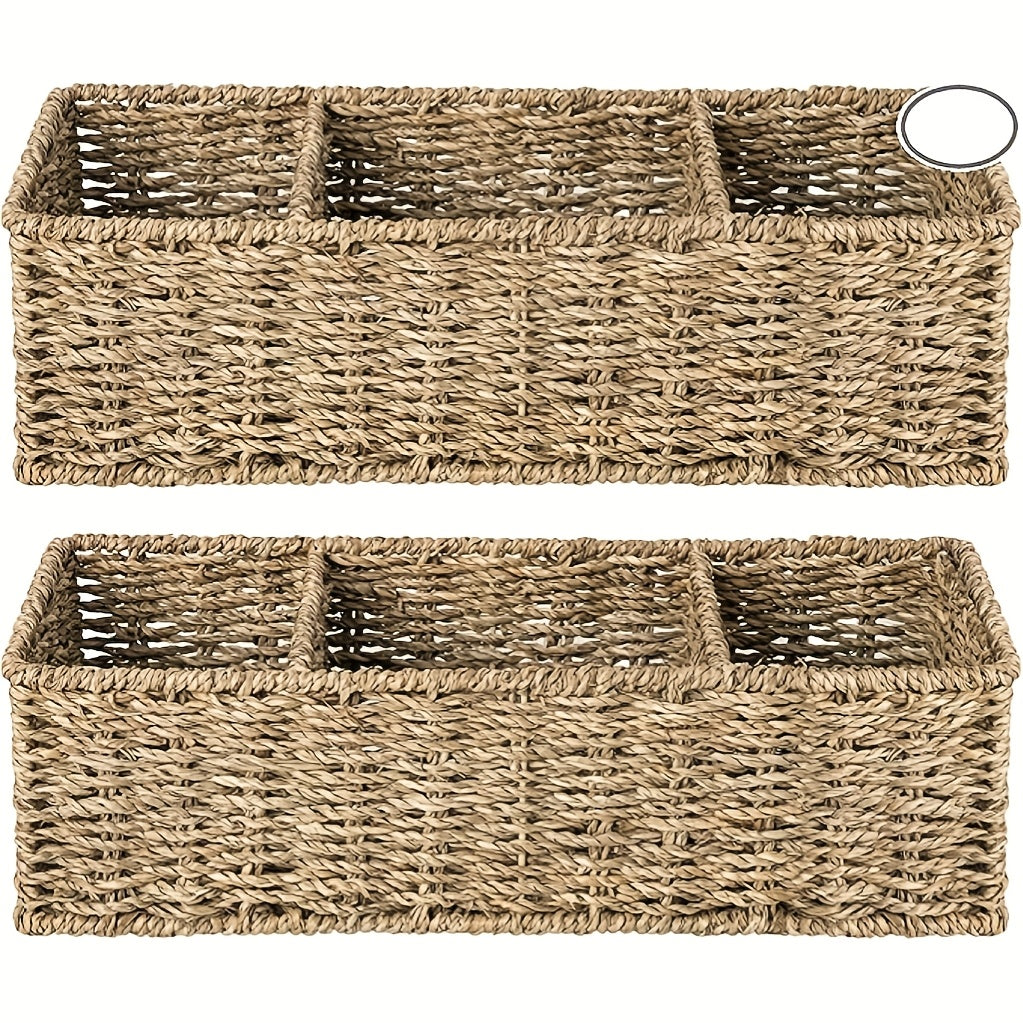 Home Organizer – 2-Pack Multi-Grid Storage Organizer with 3 Sections Wicker Toilet Basket Tank