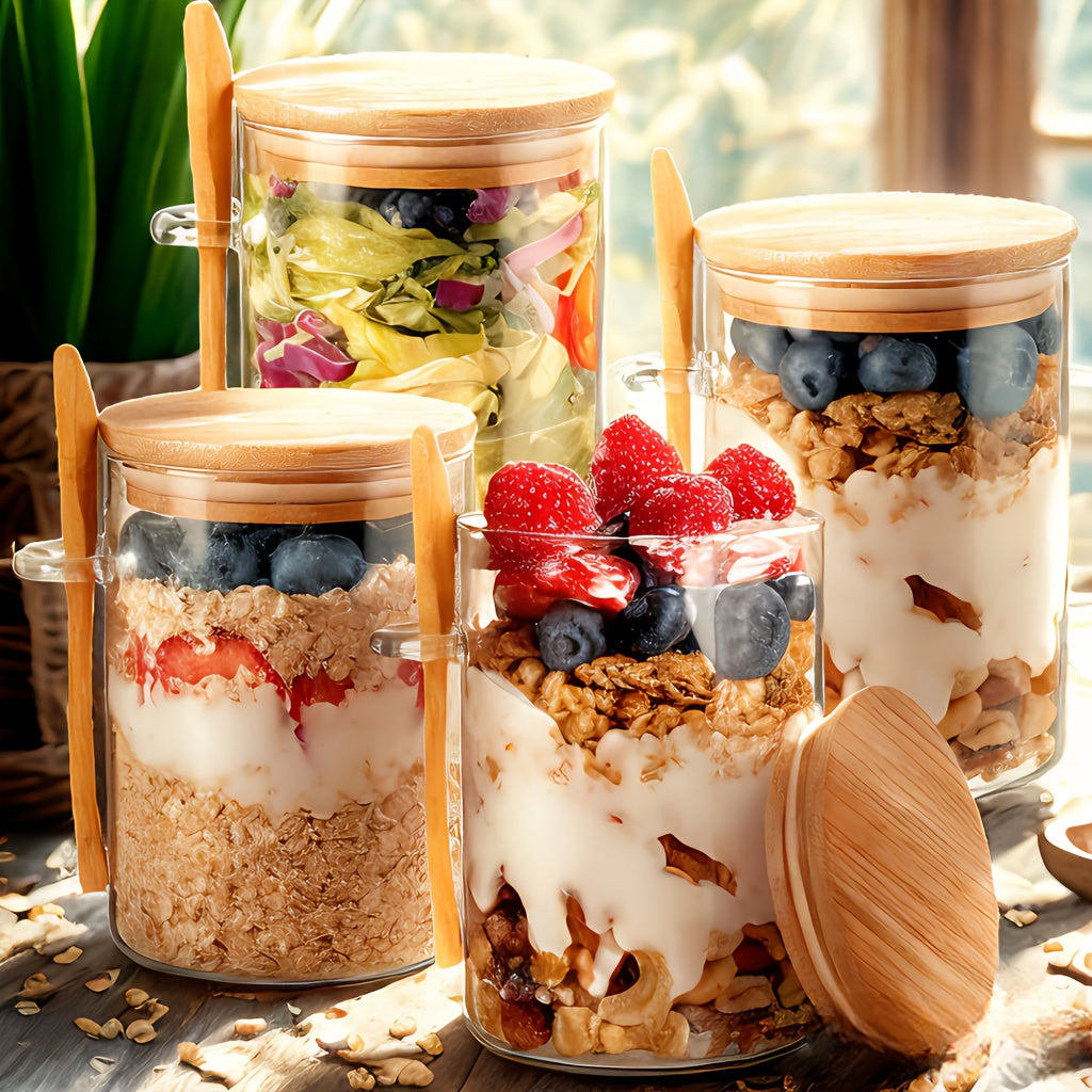 4pcs Local Warehouse 16oz Overnight Oats Glass Jar with Lid, Oatmeal Cup with Spoon, Meal Prep Large Capacity Breakfast Oatmeal Glass Jar Glass Meal Prep Container, Condiment Jar Glass Jar for Storing Oats And Yogurt Perfect Christmas Gift