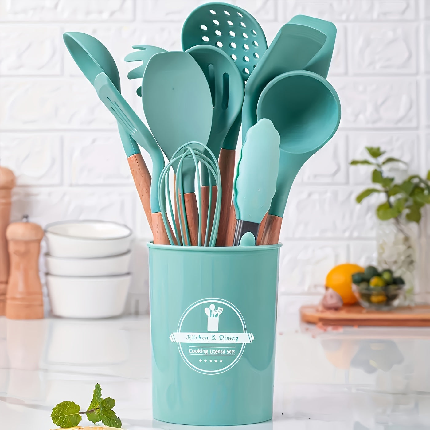 Upgrade Your Kitchen with 23pcs (12pcs kitchen utensils + 5pcs small colanders + 5pcs large colanders + 1pc small scraper) Silicone Cooking Tools Set in a Colorful Storage Container with Wooden Handles - Sturdy, Trendy Quality Kitchen