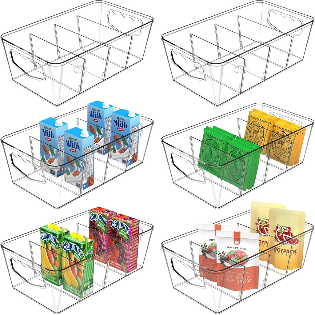 Kitchen Essential – Fridge Dividers, Clear Refrigerator Storage Boxes, Storage Organizer Bins 4 Pack Plastic Pantry Organization And Storage Baskets With Removable Dividers, Stackable Cabine