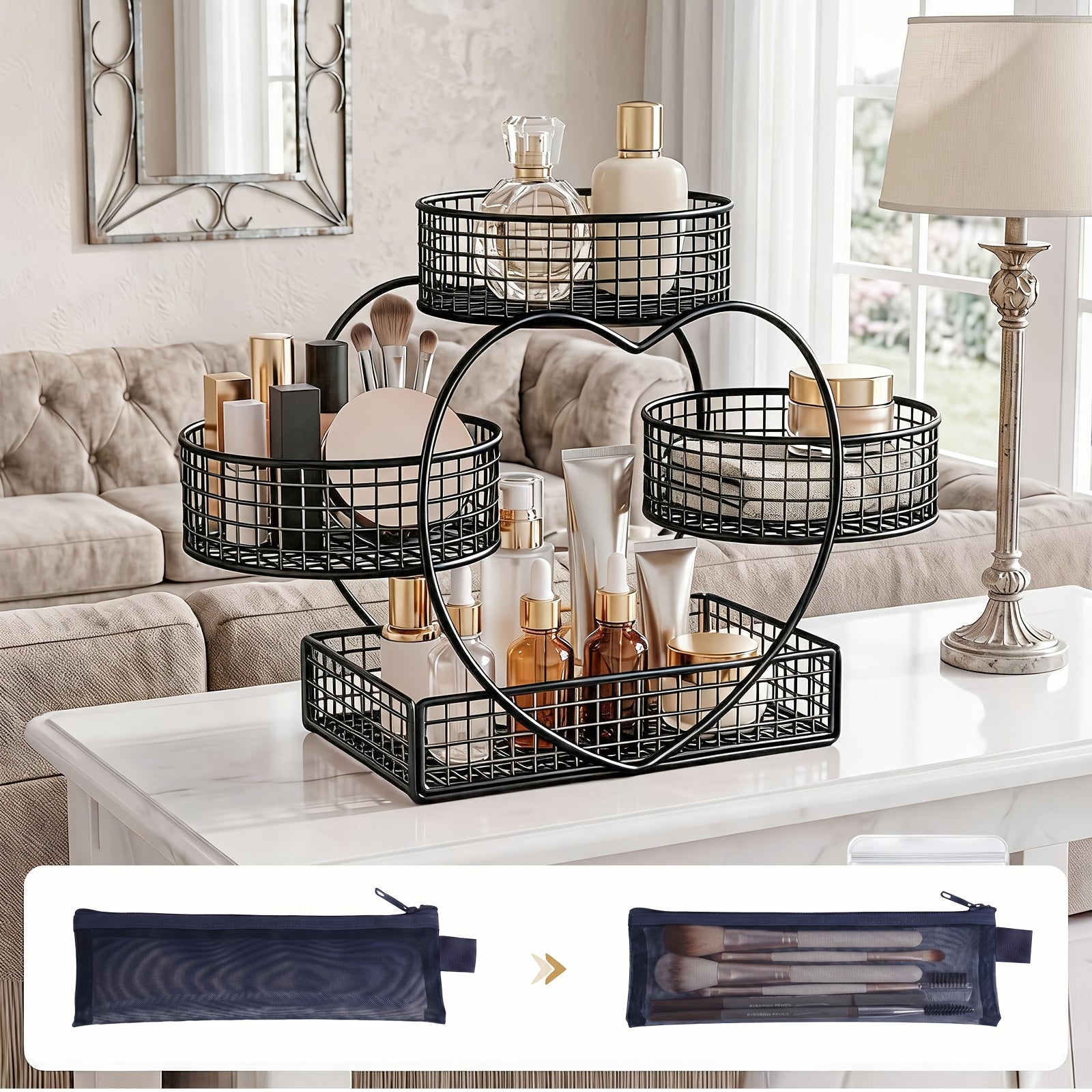 Versatile Home Storage Organizer – space-saving everyday organization, Three-tier Countertop Cosmetic Organizer with 8 Transparent Storage Pouches for Earrings necklaces rings Featuring, designed for American homes, daily convenience and practical gi