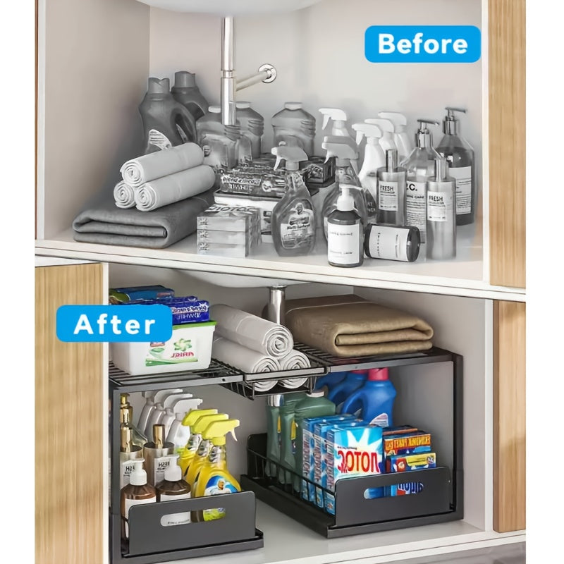 Space-Saving 2 Tier Adjustable Home Storage Rack – durable multi-purpose storage, Local Warehouse Under Siling Out Sink Organizer Pull Out Cabinet Organizer2-in-1 Large Volume 2, designed for American homes, daily convenience and practical gifting