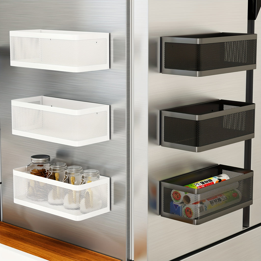 1 Set Refrigerator Magnetic Shelf Metal Spice Rack Basket Seasoning Oils Kitchen Gadgets, Large Capacity, Strong Magnetic Adhesion, Floating Shelves