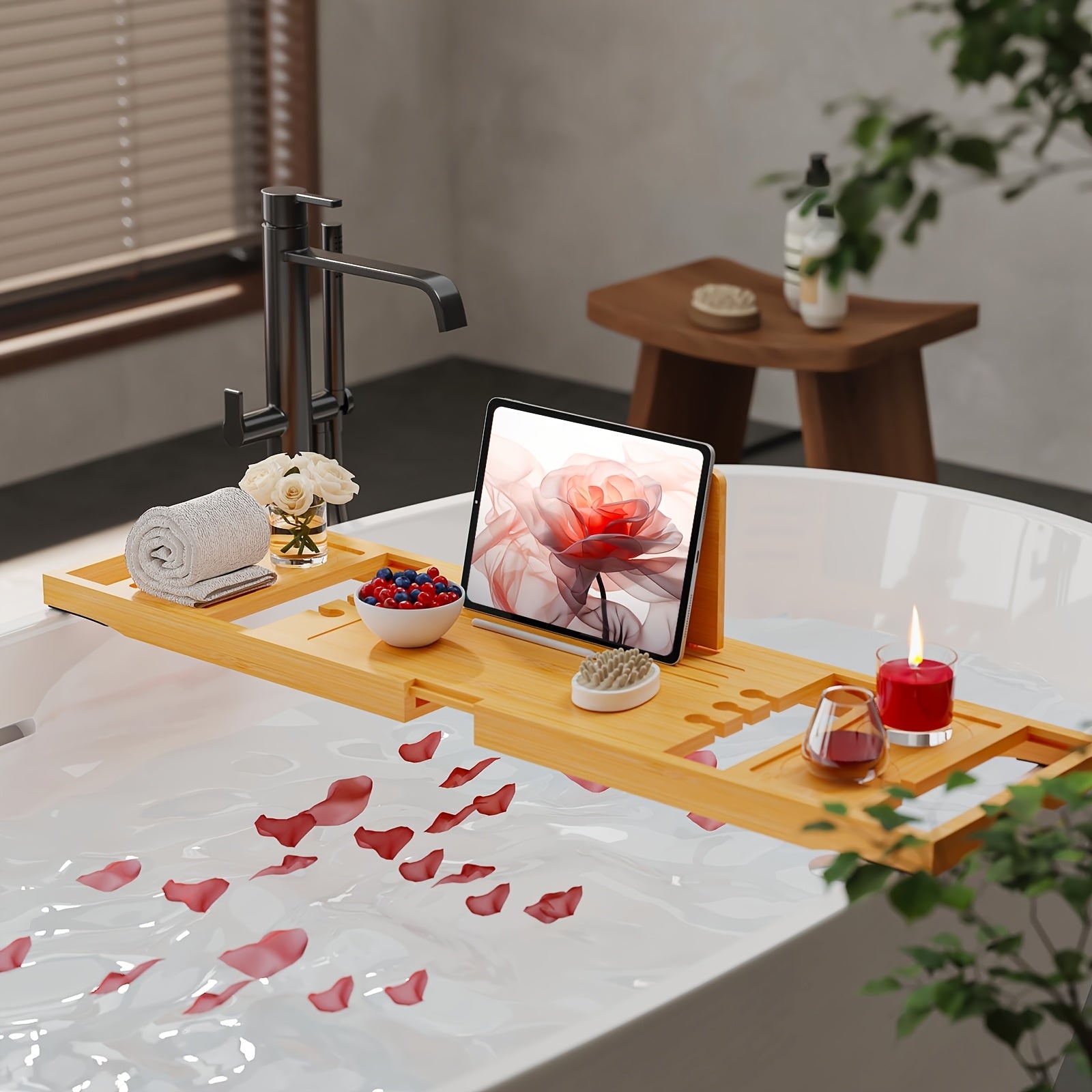 Sturdy And Durable Bathtub Tray, Made Of Wood. The Bath Table Tray Is Adjustable. The Bathtub - Specific Bath Caddy Tray Ensures Hassle - Free Storage. A Thoughtful Gift for Her.