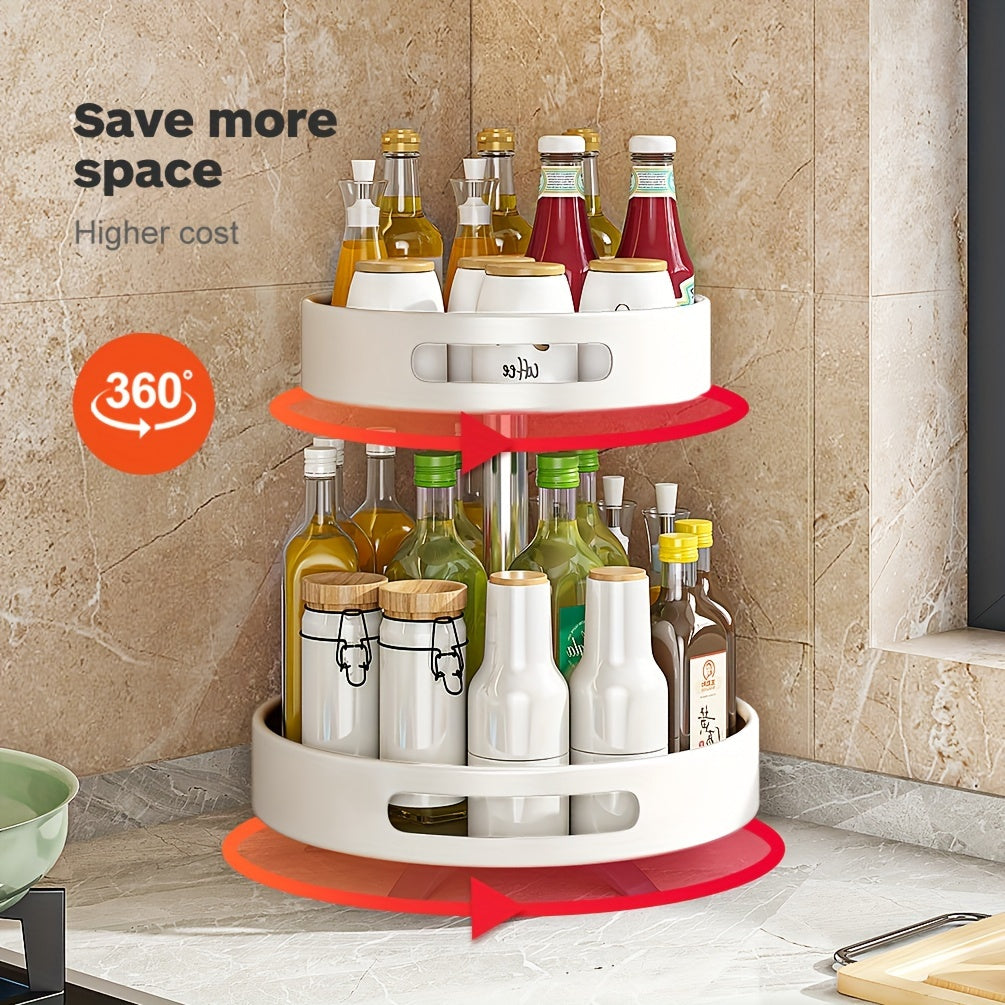Kitchen Essential – Adjustable 2-tier Kitchen Storage Rack For Spices, Lazy Mechanical Rotating Turntable, Suitable For Various Scenes Such As Kitchen Countertops, Living Room Fruit Storage