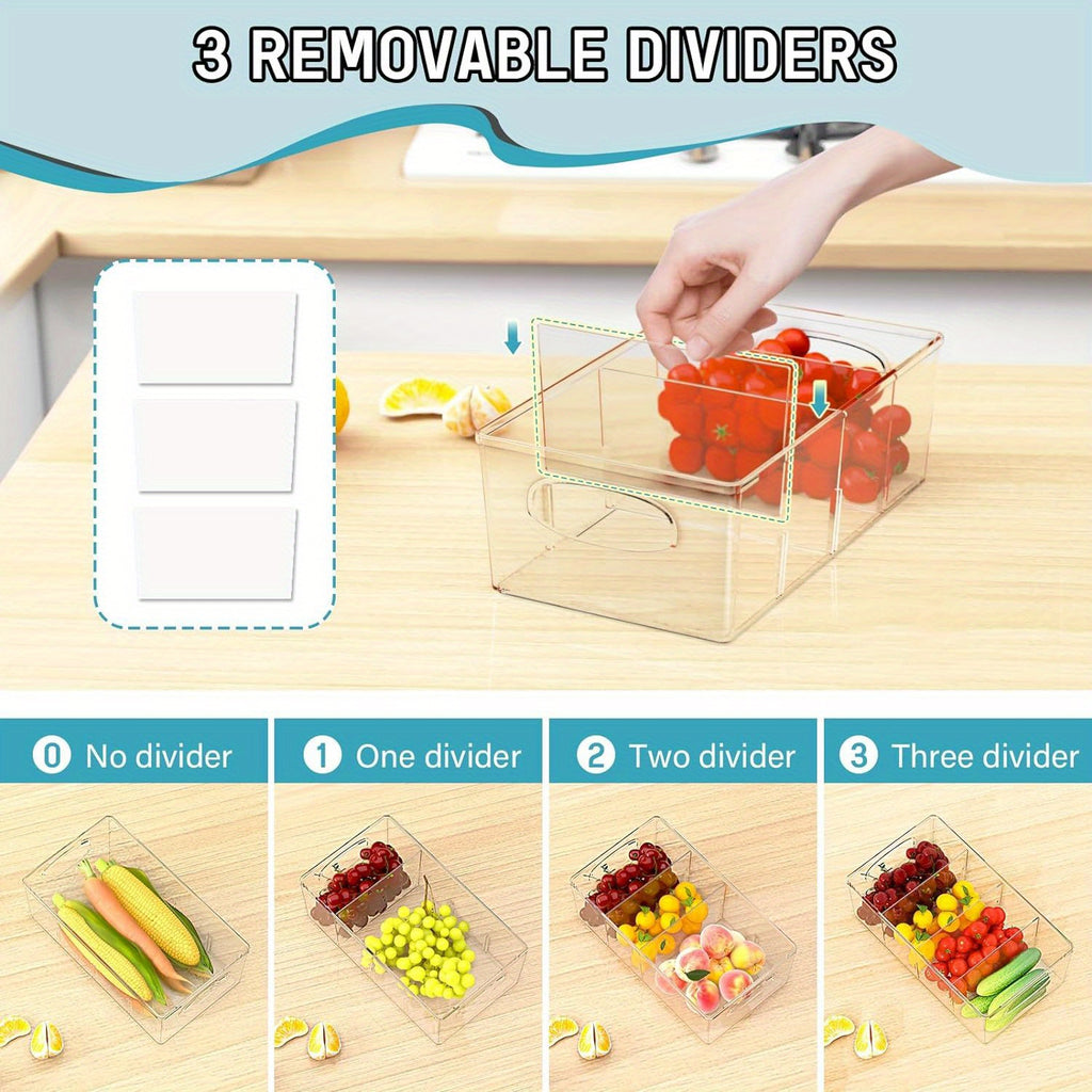 Kitchen Essential – Fridge Dividers, Clear Refrigerator Storage Boxes, Storage Organizer Bins 4 Pack Plastic Pantry Organization And Storage Baskets With Removable Dividers, Stackable Cabine