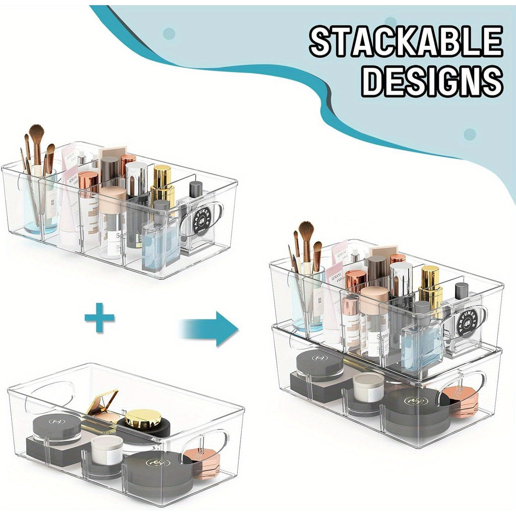 Kitchen Essential – Fridge Dividers, Clear Refrigerator Storage Boxes, Storage Organizer Bins 4 Pack Plastic Pantry Organization And Storage Baskets With Removable Dividers, Stackable Cabine