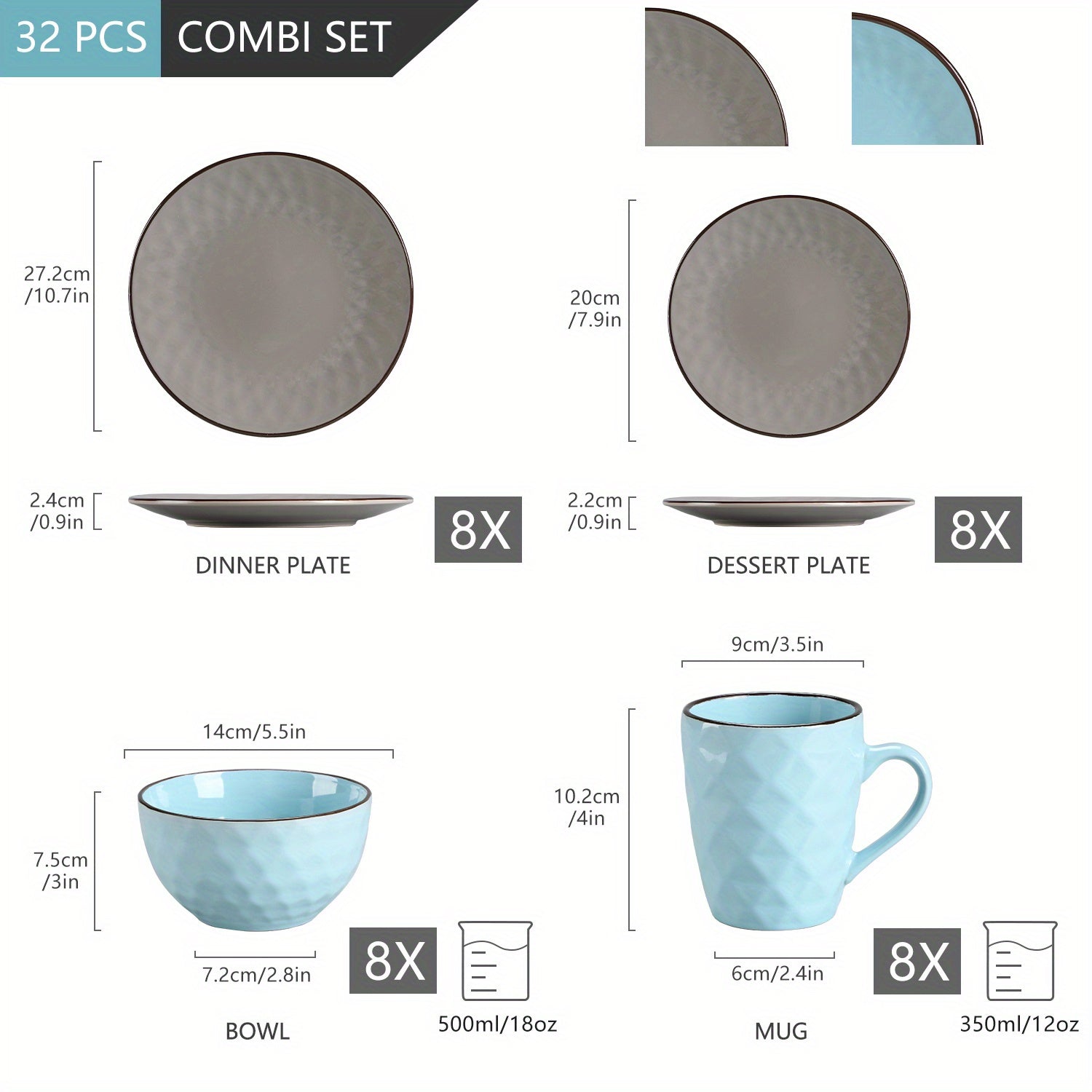 Stoneware 32pcs Dinnerware Set with Dinner Plate, Dessert Plate, Bowl, Mug - Tableware Set for 8 Person