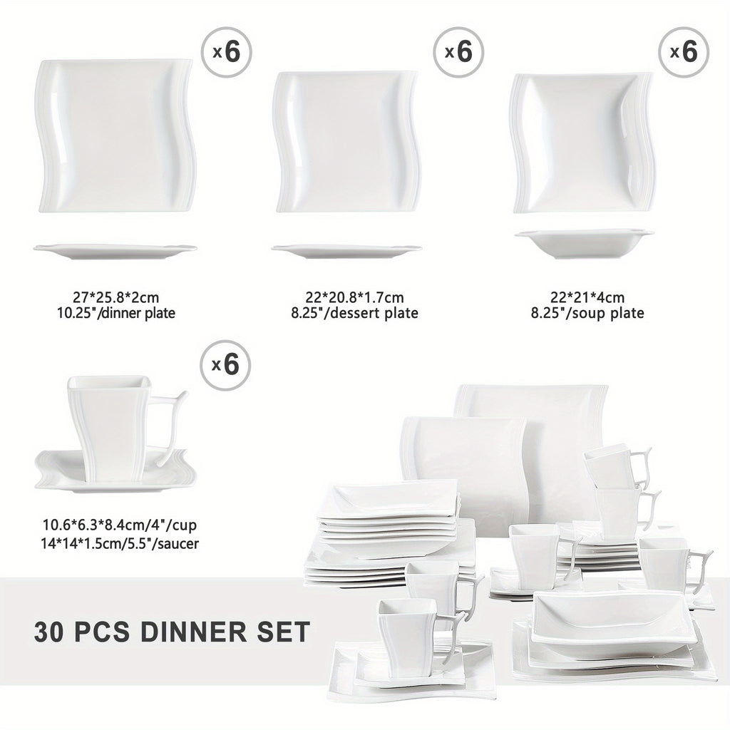 Heavy-Duty 30pcs Reusable Drinkware Set – easy-access beverage storage, 30pcs White Porcelain Dinner Set with 6pcs Cup Saucer Dessert Soup Dinner Plate Tableware, designed for American homes, daily convenience and practical gifting