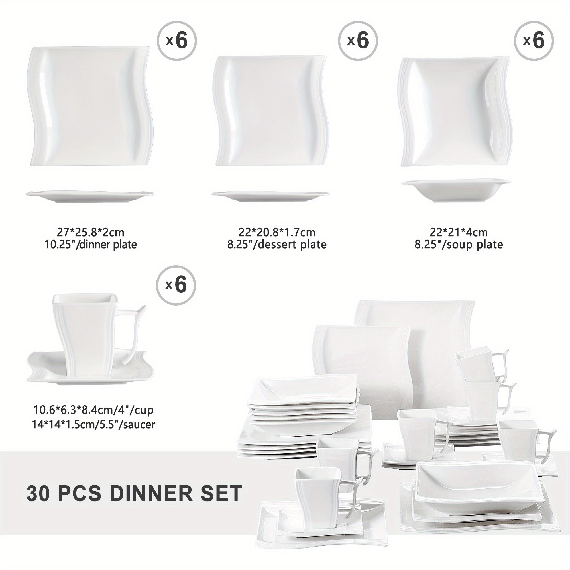 Heavy-Duty 30pcs Reusable Drinkware Set – easy-access beverage storage, 30pcs White Porcelain Dinner Set with 6pcs Cup Saucer Dessert Soup Dinner Plate Tableware, designed for American homes, daily convenience and practical gifting