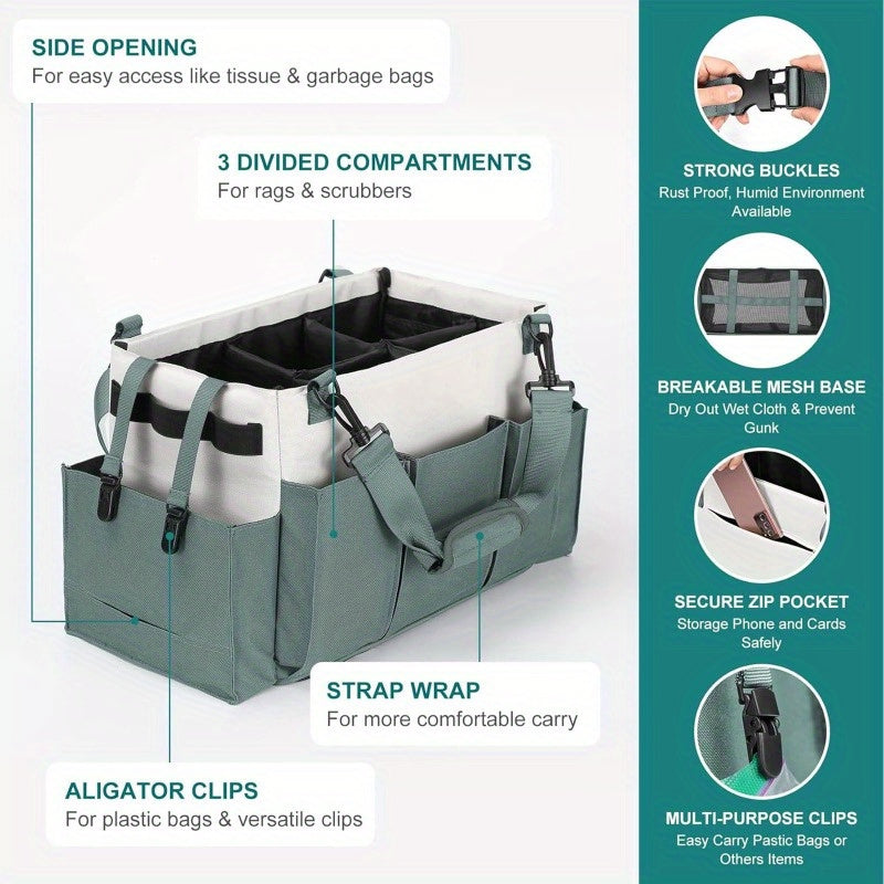Large Cleaning Caddy Organizer with Handle, Wearable Cleaning Caddy Bag for Cleaning Supplies, Cleaning Tote with Shoulder and Waist Straps, Under Sink Organizer Tool Bag with Multiple Compartments