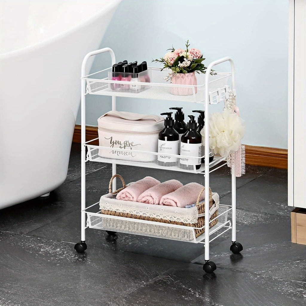 3-Tier Metal Rolling Cart - Mesh Wire Easy Assemble Utility Cart, Storage Trolley on Wheels with 3 Hooks, Metal Storage Shelving Units for Kitchen, Bathroom, and Laundry Room