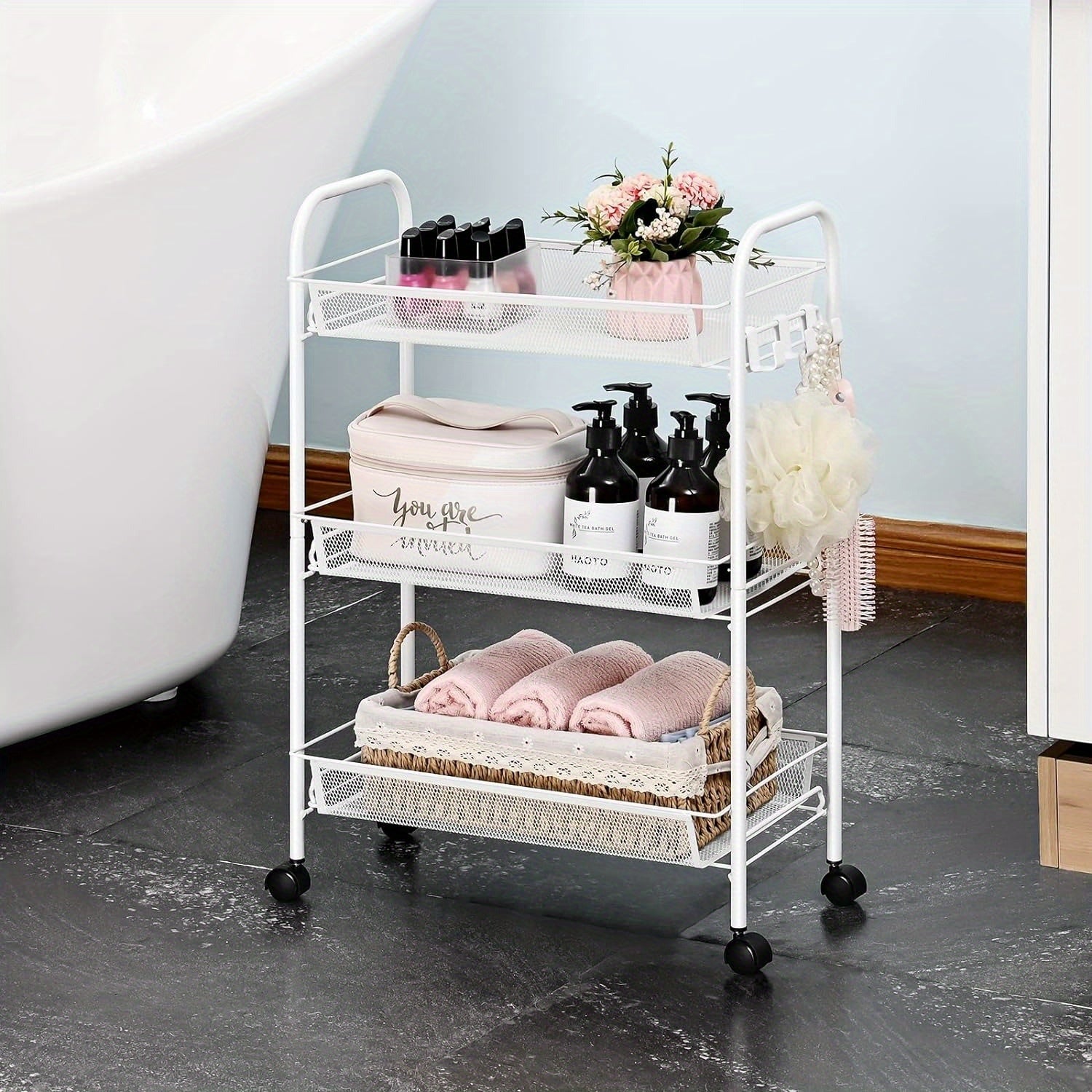 3-Tier Metal Rolling Cart - Mesh Wire Easy Assemble Utility Cart, Storage Trolley on Wheels with 3 Hooks, Metal Storage Shelving Units for Kitchen, Bathroom, and Laundry Room
