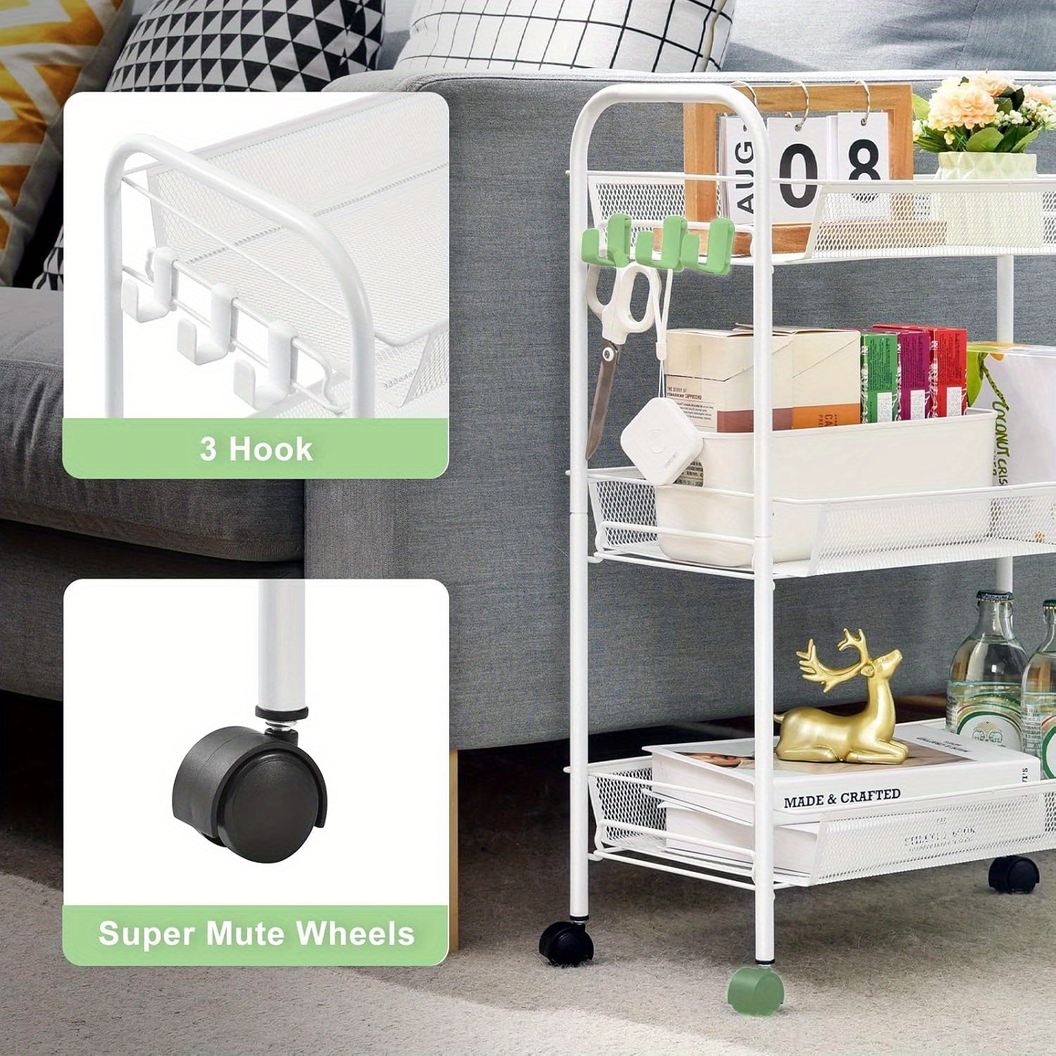 3-Tier Metal Rolling Cart - Mesh Wire Easy Assemble Utility Cart, Storage Trolley on Wheels with 3 Hooks, Metal Storage Shelving Units for Kitchen, Bathroom, and Laundry Room