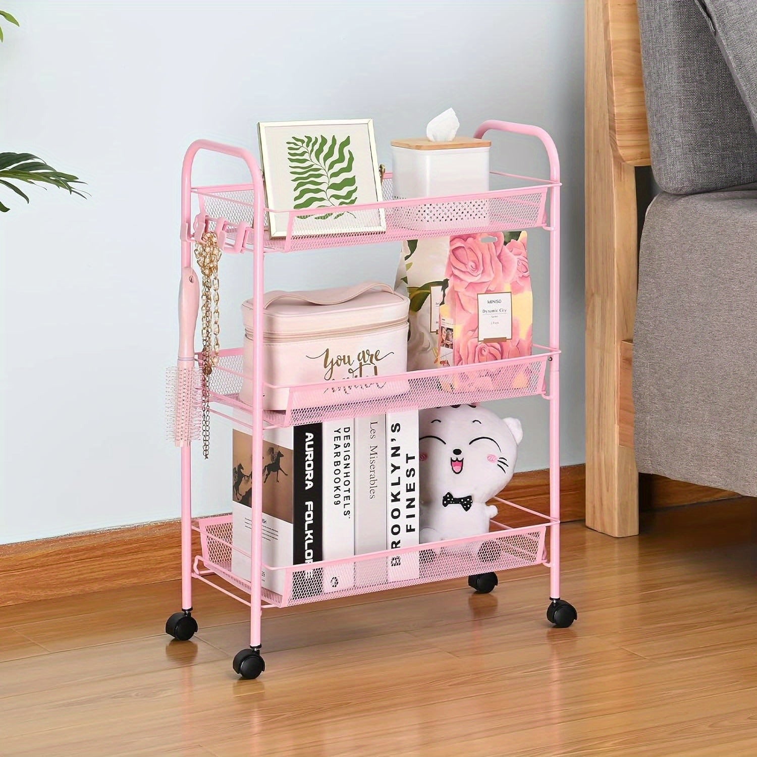 3-Tier Metal Rolling Cart - Mesh Wire Easy Assemble Utility Cart, Storage Trolley on Wheels with 3 Hooks, Metal Storage Shelving Units for Kitchen, Bathroom, and Laundry Room