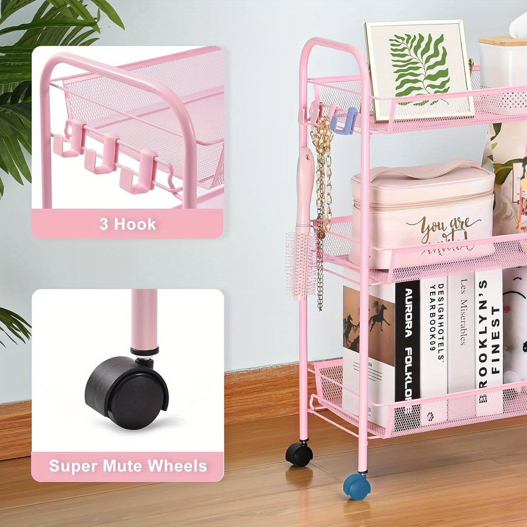 3-Tier Metal Rolling Cart - Mesh Wire Easy Assemble Utility Cart, Storage Trolley on Wheels with 3 Hooks, Metal Storage Shelving Units for Kitchen, Bathroom, and Laundry Room
