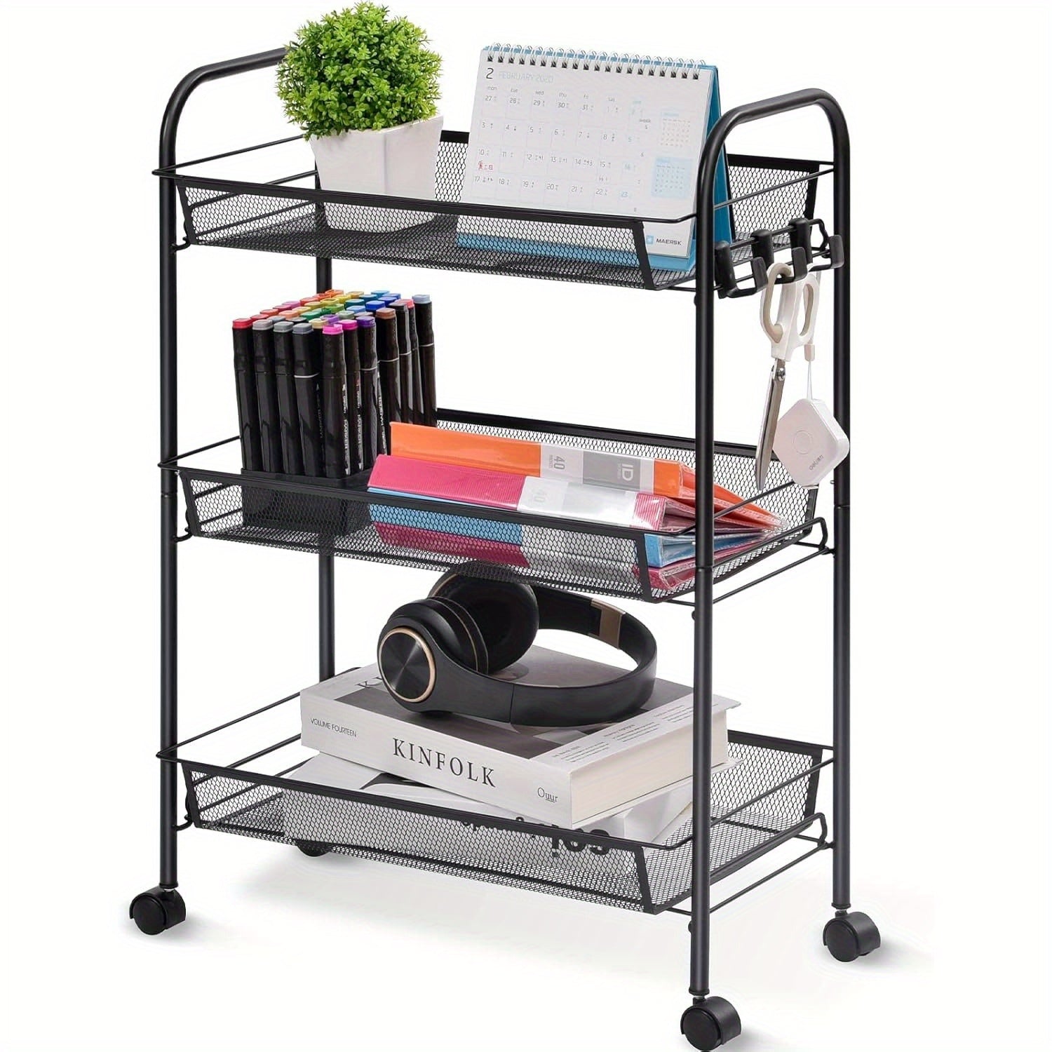 3-Tier Metal Rolling Cart - Mesh Wire Easy Assemble Utility Cart, Storage Trolley on Wheels with 3 Hooks, Metal Storage Shelving Units for Kitchen, Bathroom, and Laundry Room