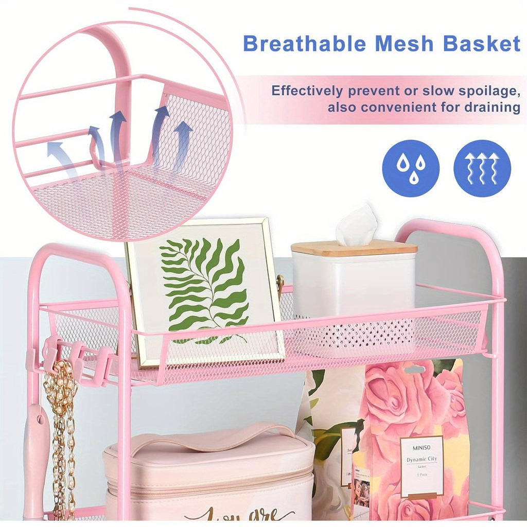 3-Tier Metal Rolling Cart - Mesh Wire Easy Assemble Utility Cart, Storage Trolley on Wheels with 3 Hooks, Metal Storage Shelving Units for Kitchen, Bathroom, and Laundry Room