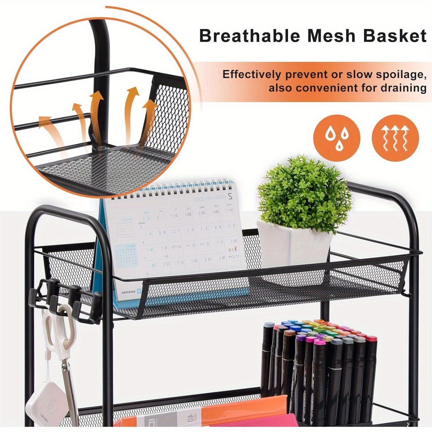 3-Tier Metal Rolling Cart - Mesh Wire Easy Assemble Utility Cart, Storage Trolley on Wheels with 3 Hooks, Metal Storage Shelving Units for Kitchen, Bathroom, and Laundry Room