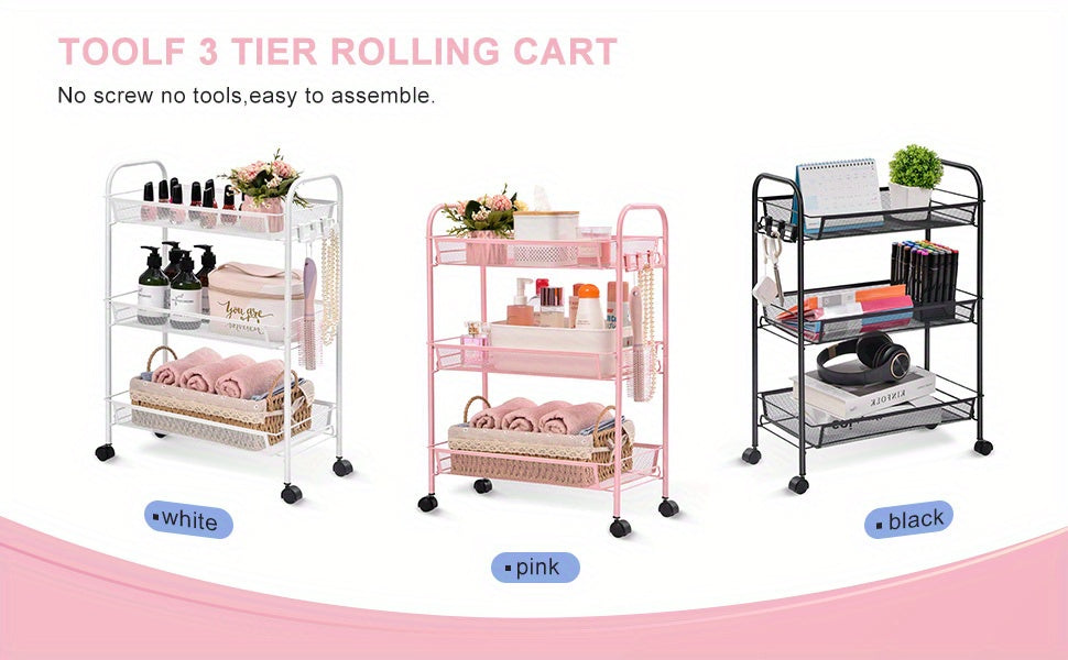 3-Tier Metal Rolling Cart - Mesh Wire Easy Assemble Utility Cart, Storage Trolley on Wheels with 3 Hooks, Metal Storage Shelving Units for Kitchen, Bathroom, and Laundry Room