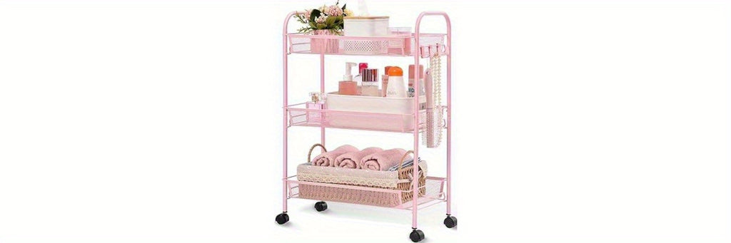 3-Tier Metal Rolling Cart - Mesh Wire Easy Assemble Utility Cart, Storage Trolley on Wheels with 3 Hooks, Metal Storage Shelving Units for Kitchen, Bathroom, and Laundry Room