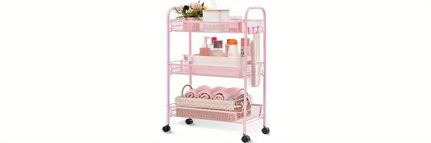 3-Tier Metal Rolling Cart - Mesh Wire Easy Assemble Utility Cart, Storage Trolley on Wheels with 3 Hooks, Metal Storage Shelving Units for Kitchen, Bathroom, and Laundry Room