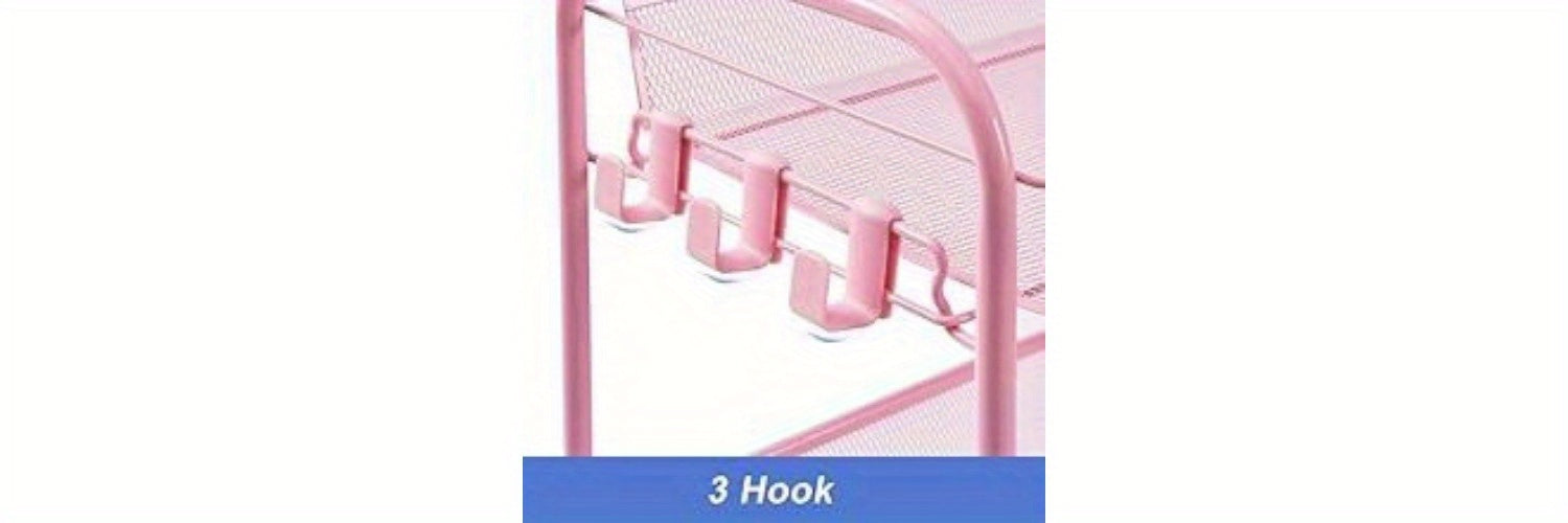 3-Tier Metal Rolling Cart - Mesh Wire Easy Assemble Utility Cart, Storage Trolley on Wheels with 3 Hooks, Metal Storage Shelving Units for Kitchen, Bathroom, and Laundry Room