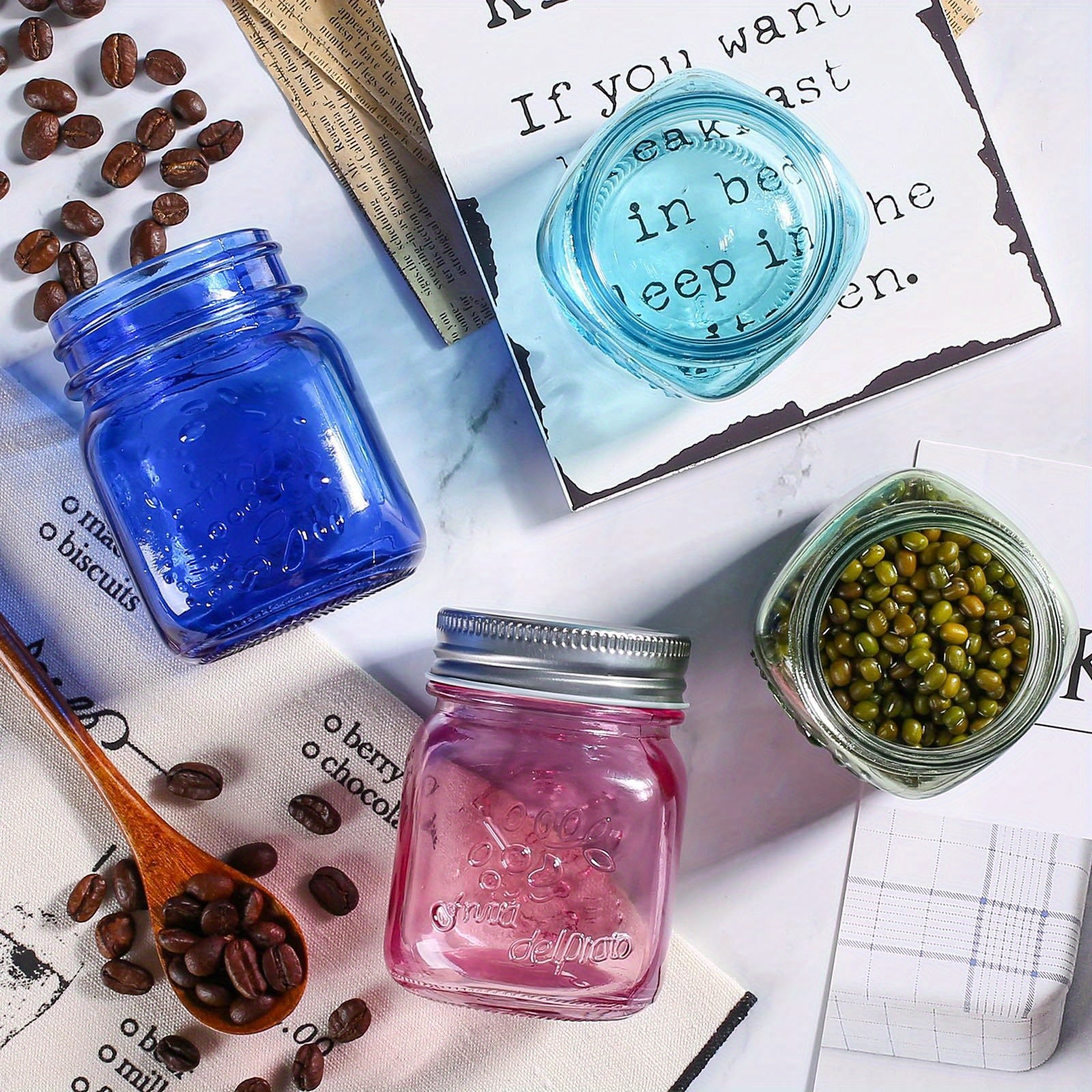 Versatile 5 oz Glass Spice Jar Set – clear reusable pantry storage, Amzcku Mini Colored Mason Jars 5 oz with Metal Lids - Glass jar for, designed for American homes, daily convenience and practical gifting