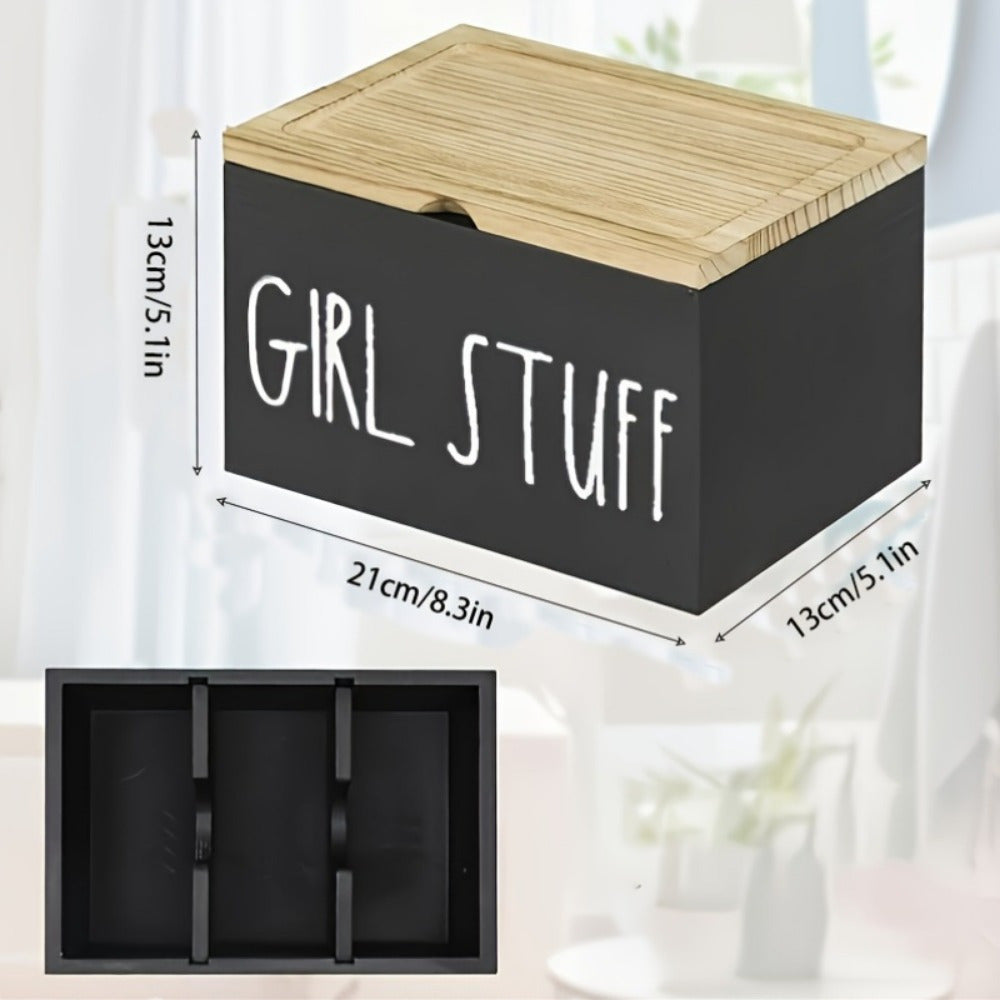 Space-Saving 1pc Home Storage Organizer – space-saving everyday organization, 1pc Stylish Wooden Bathroom Organizer with Lid - 3 Compartments Divided Organizer for Tampons, designed for American homes, daily convenience and practical gifting