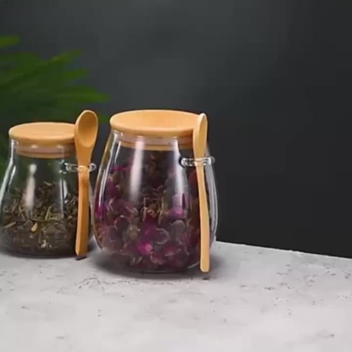 2pcs Set Sealed Glass Storage Jar with Spoon, Reusable Flip Top Round Container, Hand Wash Multipurpose for Coffee, Sugar, Tea, Salt, Candy, Spices - Ideal for Home, Restaurant, Food Trucks