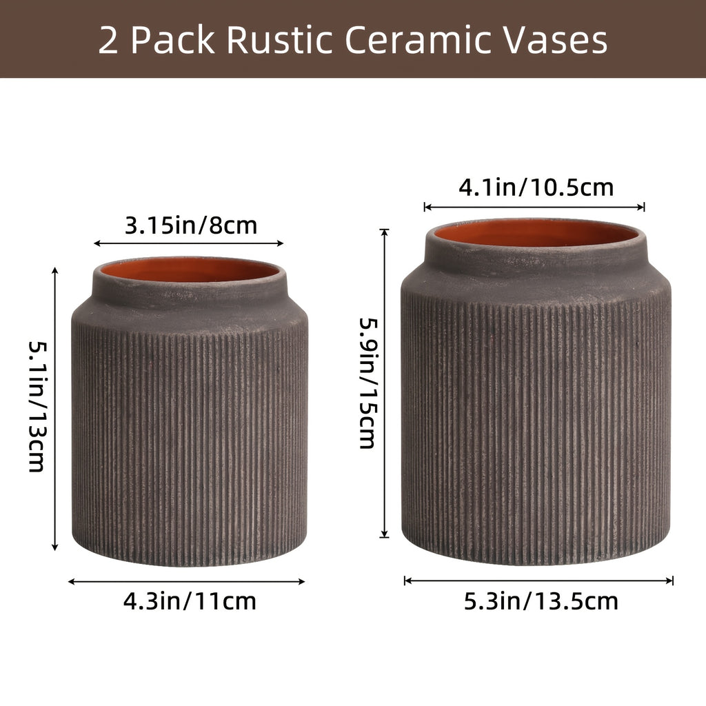 2pcs Ceramic Flower Vase, Rustic Ceramic Vase Home Decor, Brown Terracotta Pottery Vase, Decorative Vases for Table Mantle Fireplace Living Room Bathroom Wedding Centerpiece