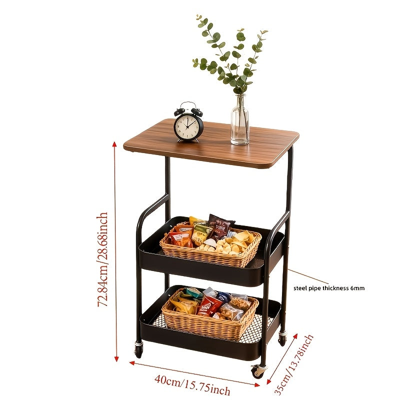 Easy-Access Adjustable Home Storage Rack – durable multi-purpose storage, Three-tier Metal Utility Cart Metal Storage Rack Rolling Cart with Wooden Tabletop Multifunctional Storage, designed for American homes, daily convenience and practical gifting
