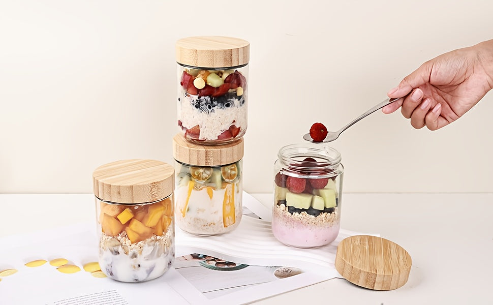 4/6 Packs Overnight Oats Containers with Bamboo Lids, Glass Jars with Airtight Lids for Meal Prep, Wide Mouth Mason Salad Jars, Glass Food Storage Container for Yogurt Chia Snacks Spice Sugar