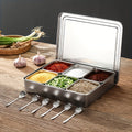 1pc Stainless Steel Compartment Seasoning Container with Lid And Spoon - Multi-Purpose Seasoning Storage Tray for Salt, Sugar, Oil, Nuts, Snacks, Spice Bottles - Kitchen Cooking Organizer for Food Service And Catering