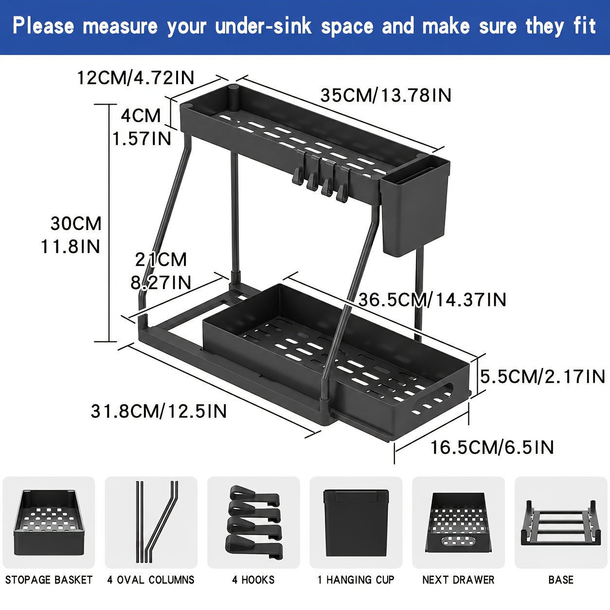 Kitchen Storage Organizer – 2pcs Under Sink Organizer with Sliding Shelves Multi-Purpose Black Plastic Storage Basket for Bathroom And Kitchen Cabinet Durable Construction Bathroom Organizer