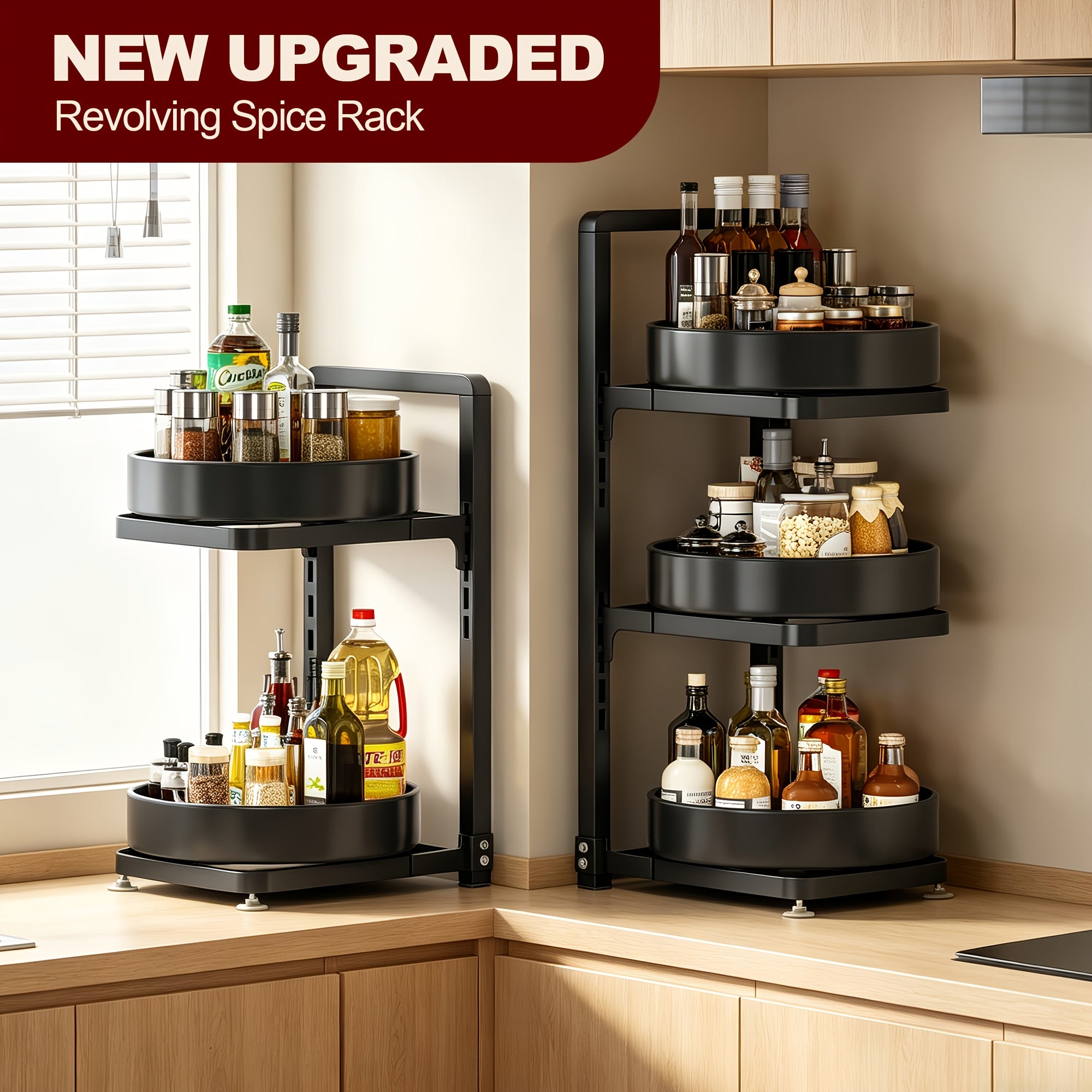 Smart 2/3tier Glass Spice Jar Set – clear reusable pantry storage, 2 3tier Rotatable Kitchen Spice Rack Gray Black White Adjustable Height Metal Rotating Table, designed for American homes, daily convenience and practical gifting