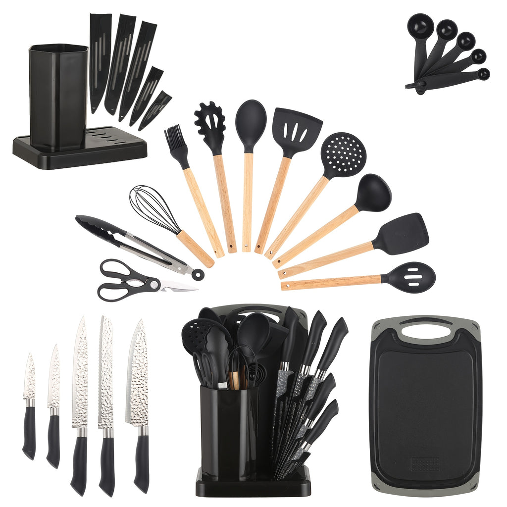19pcs Silicone Kitchenware Knife Sets, Kitchen Accessories, Made Of Heat Resistant Food Grade Silicone And Wooden Handles Kitchen Gadgets Tools Set Nonstick Cookware, Perfect Easter & Mother's Day Gifts for Home Kitchen, Kitchen Gadgets Set